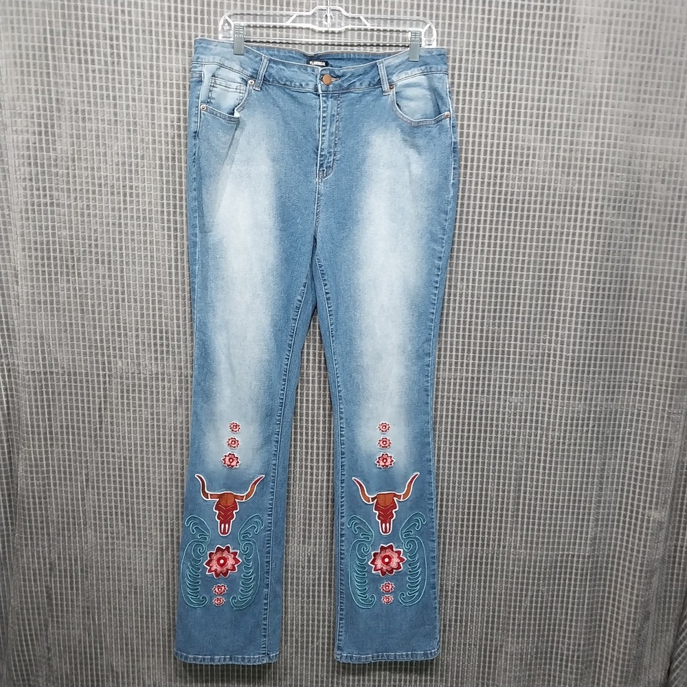 Flamingals Jeans Women Western Bull Skull Floral Embroidered 2XL Blue Denim